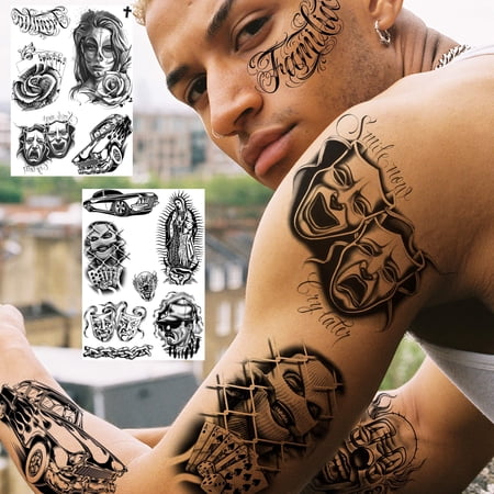 DEKAXID COKTAK 6 Sheets Large Chicano Temporary Tattoos For Men Women Adult Chicana Guadalupe Gangster Temp Fake Tattoos Prisoner Day Of The Dead Halloween Mexico Tattoo Stickers Tatua