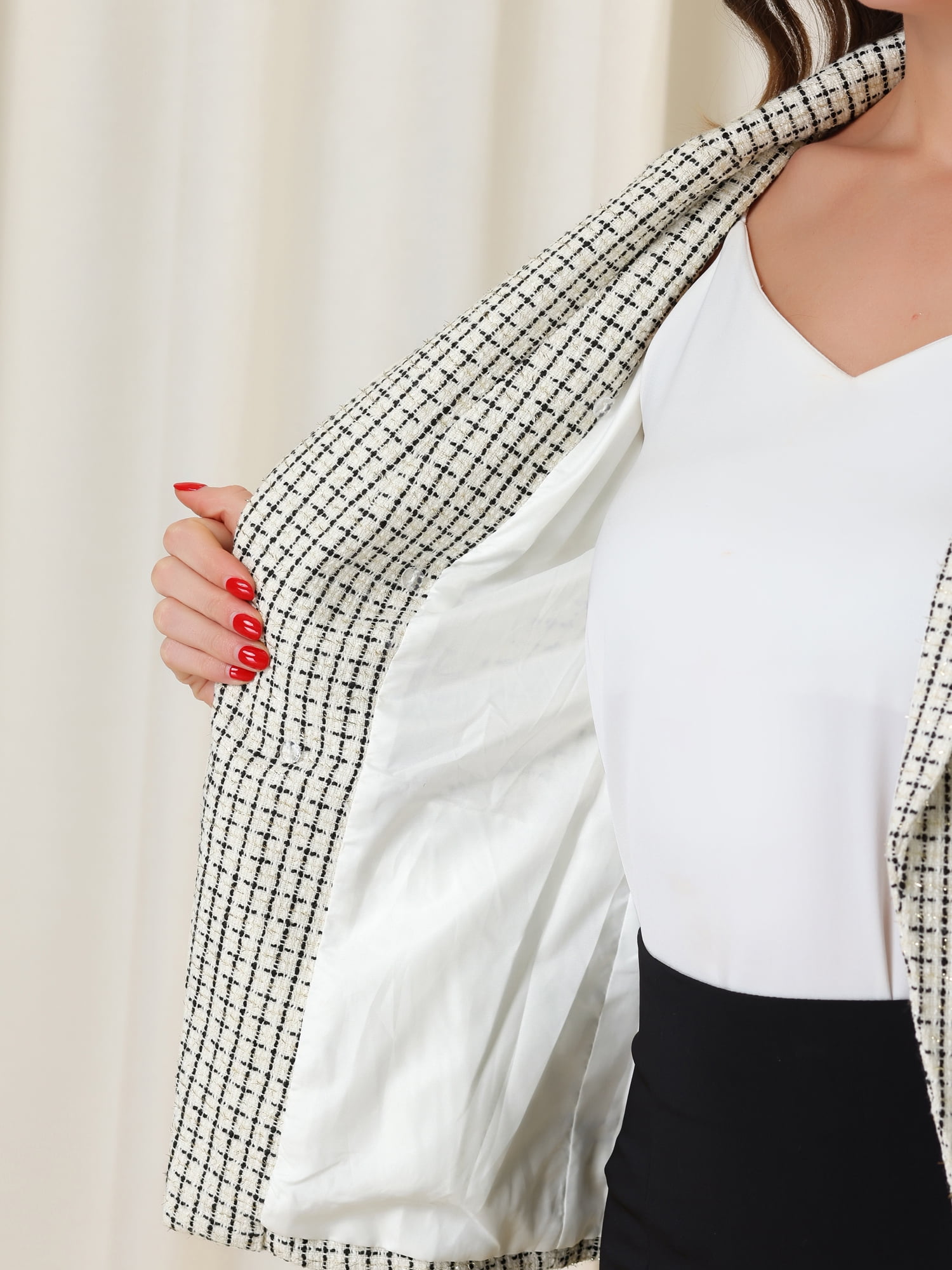 DARING DIVA Women's Plaid Blazer Notch Lapel Tweed Jacket XS Beige