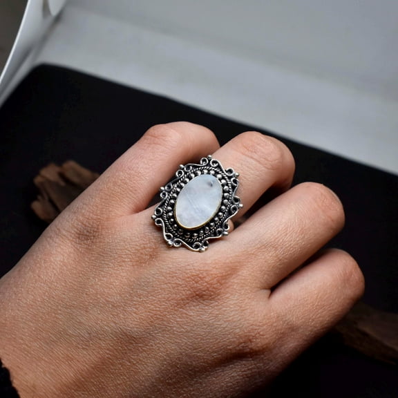 Handmade Sterling Silver Mother of Pearl Ring: Boho Gemstone