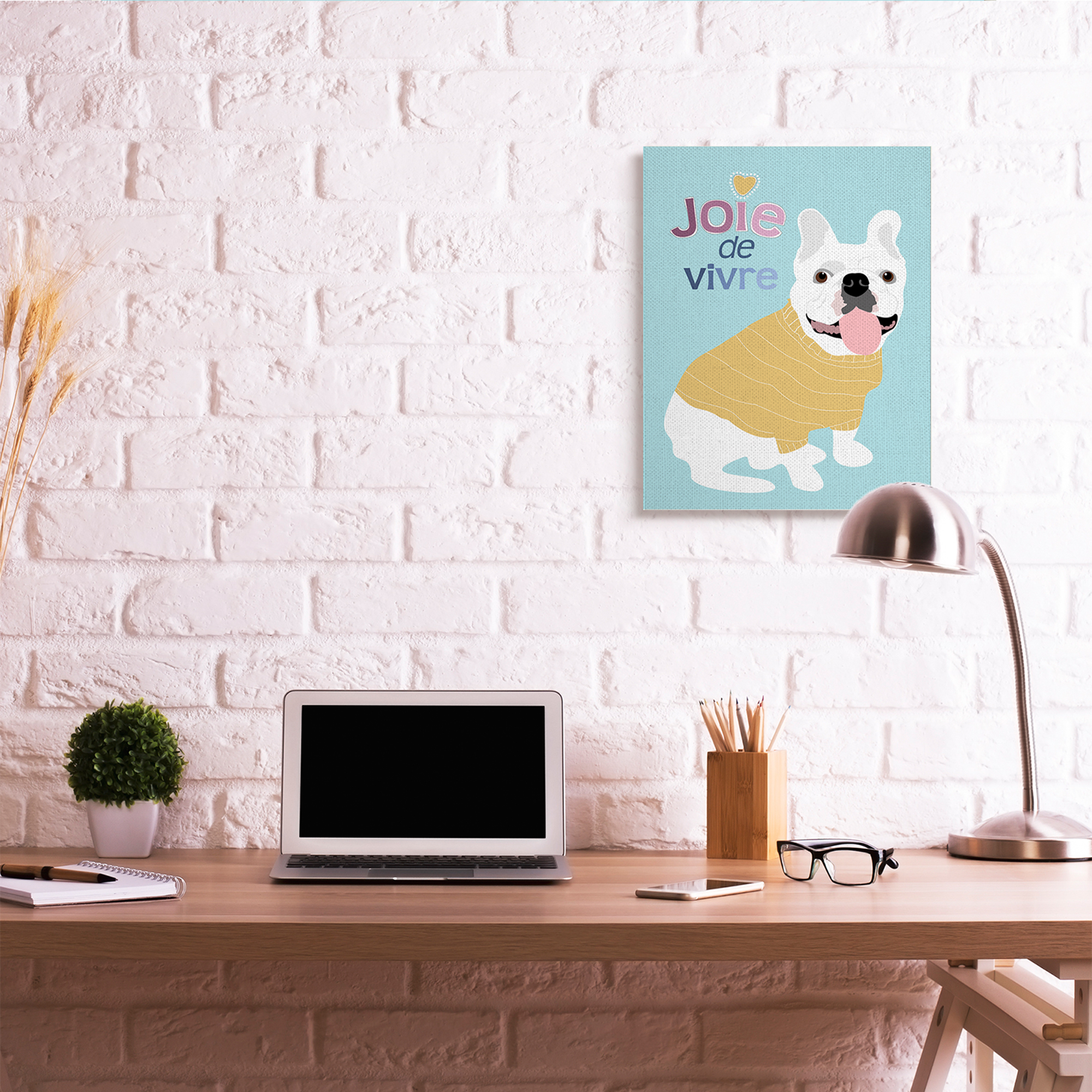 Stupell Industries Joie de Vivre French Phrase White Bulldog Pet Canvas Wall Art, 24 x 30, Design by Ginger Oliphant