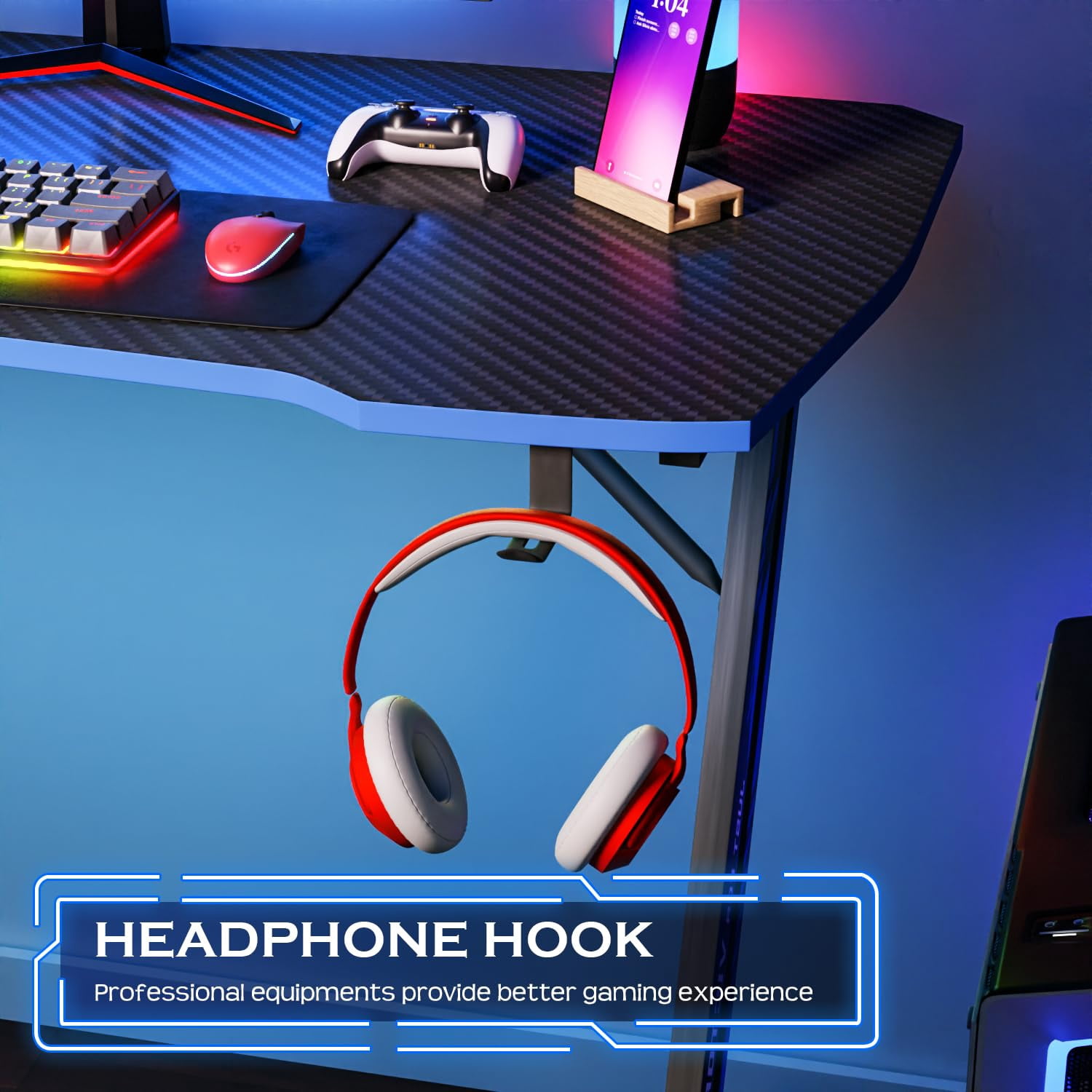 PayLessHere 39 Inch Z-Shaped Gaming Desk with Headphone Hook,Blue