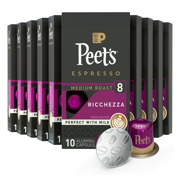 (10 pack) Peet's Coffee Ricchezza Premium Medium Roast Intensity 8 Espresso Coffee Pods, 10 Count