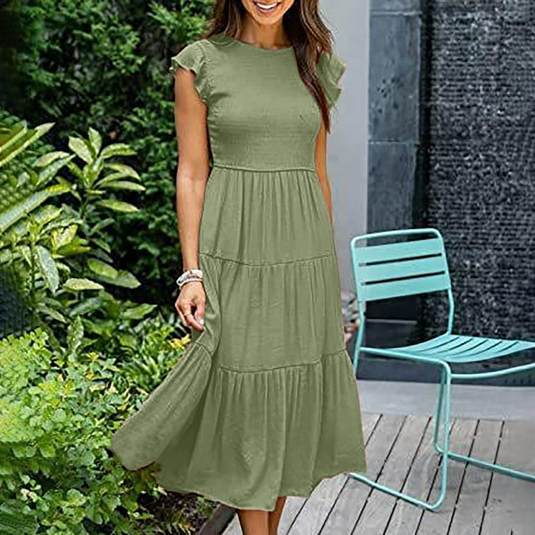 slim fit dress slacks Green Ruffle-Sleeve Poplin Maxi Dress