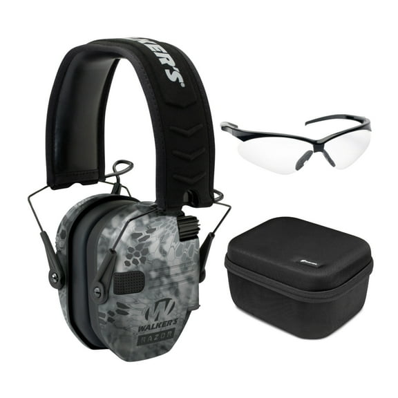 Walkers Razor Digital Ear Muffs (Raid Kryptek) Bundle with Shooting Glasses and Hard Case (3 items)