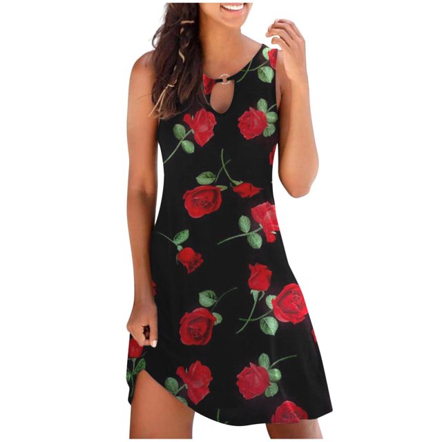 RKSTN Robe d'Été pour Femmes, Robe Décontractée Ample d'Été Imprimée Florale Sans Manches Robe de Plage Grande Taille
