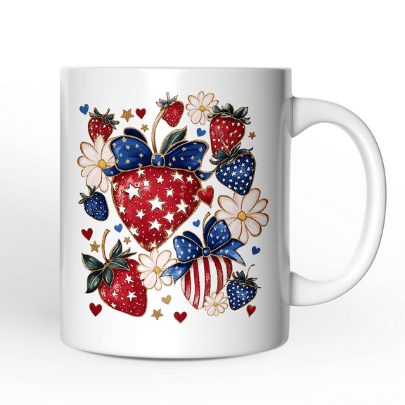 Patriotic Boho Strawberries Bouquet Personalized Mug, 4th of July Gift with Custom Name