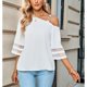 thumbnail image 2 of Blusa de un hombro para mujer, manga de panel de malla 3/4, blusa informal con correa de metal de color puro para primavera y verano, 2 of 8