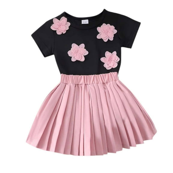 Owordtank Girl's 2 Piece Summer Outfits Cute Floral Applique Short Sleeve Knitted Top and Pleated Skirt Set