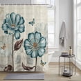 thumbnail image 3 of Blue Flowers Shower Curtain, Vintage Country Spring Teal Tulip Floral Butterfly Beige Waterproof Shower Curtain Set with 12 Hooks Lightweight Bath Curtains Fabric Bathroom Decor 60x72 Inches, 3 of 9