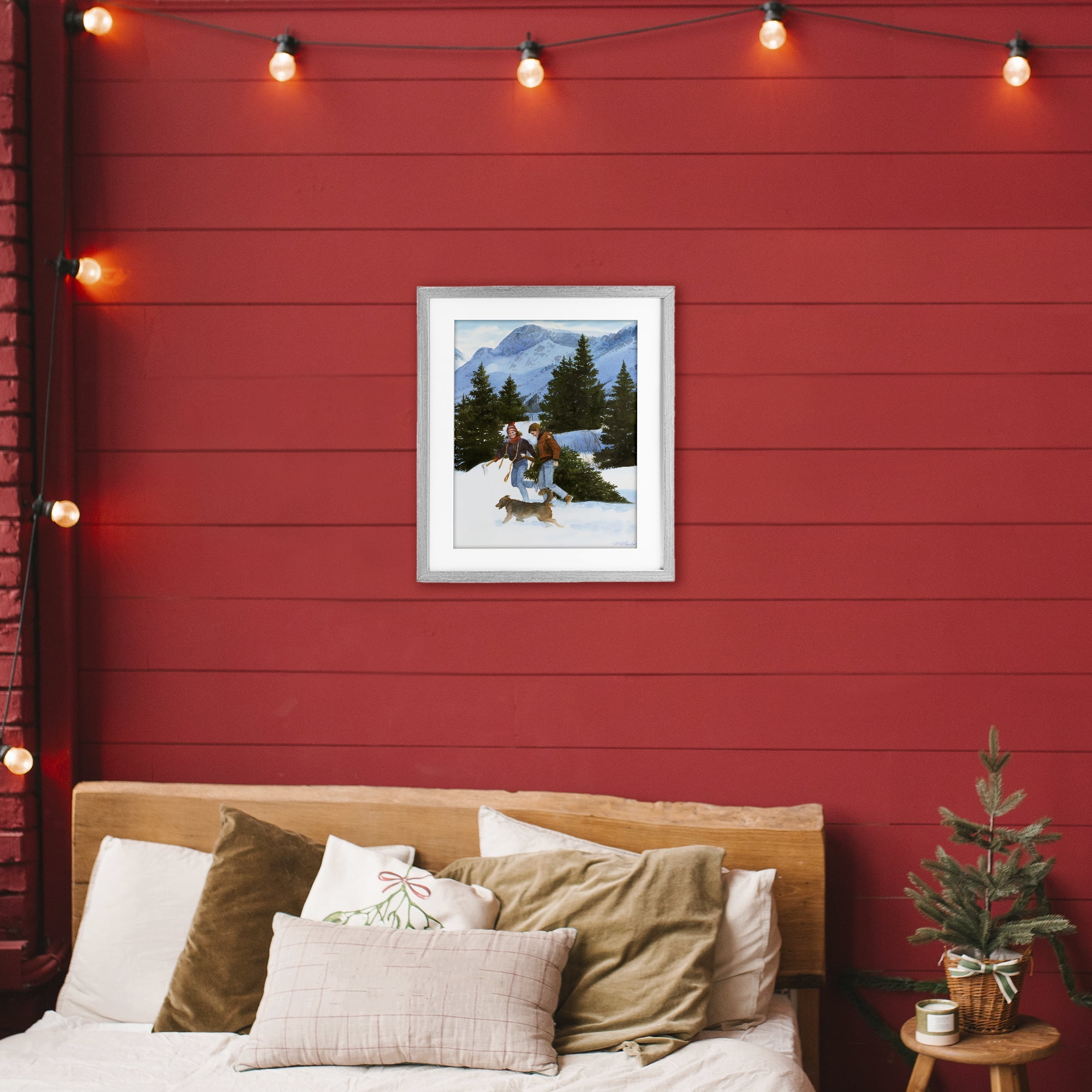 Couple Bringing Home Tree Gray Framed Print Under Glass, design by Wind River Studios