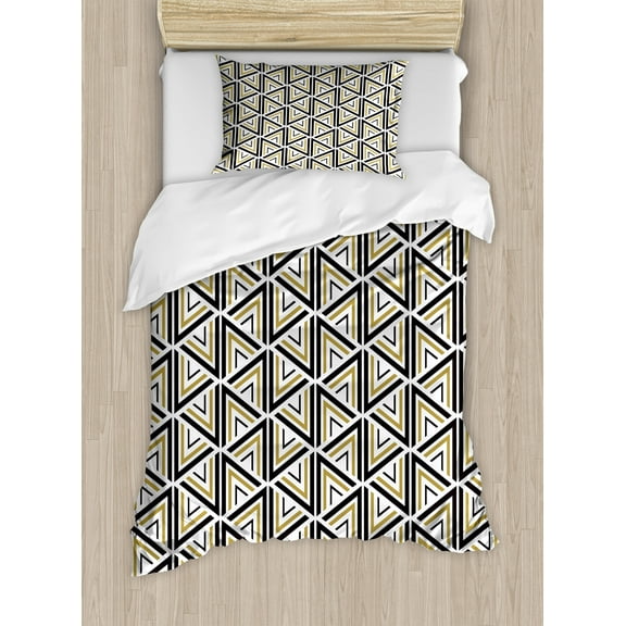 Geometric Duvet Cover Set, Modern Art Triangle and Diamond Repeating Line Tiling Image, Decorative 2 Piece Bedding Set with 1 Pillow Shams, Twin Size, Mustard and Black, by Ambesonne