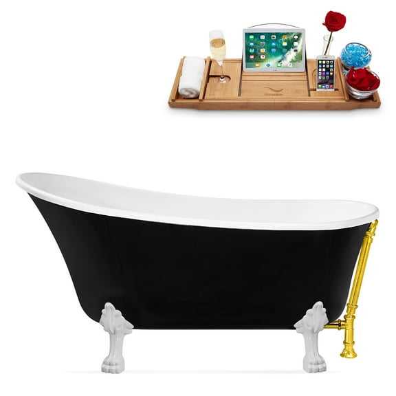 59" Streamline N344WH-GLD Clawfoot Tub and Tray With External Drain