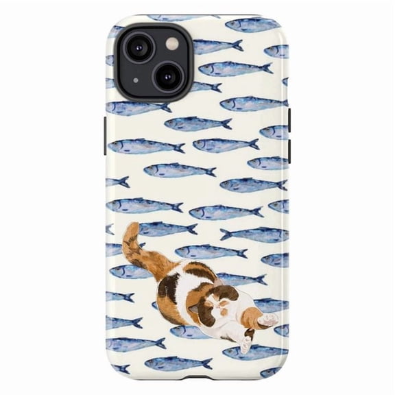 Cute Cat and Fish Pattern Phone Case, Watercolor Style Calico Cat on White Background iPhone 16 15 14 13 12 11 Pro Max Mini Cover