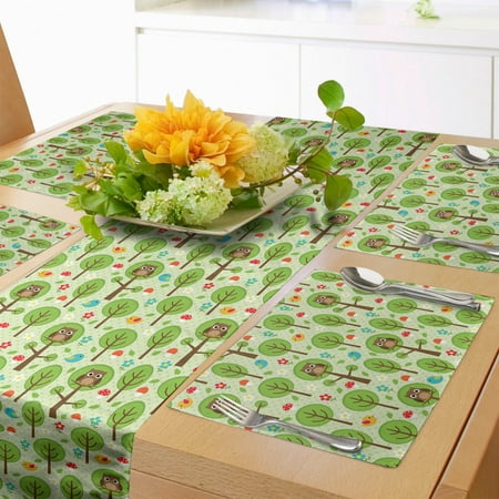 

Owl Print Table Runner & Placemats Forest Scene with Birds Trees Flowers and Leaves Spring Vibes Set for Dining Table Decor Placemat 4 pcs + Runner 12 x90 Pastel Green Multicolor by Ambesonne