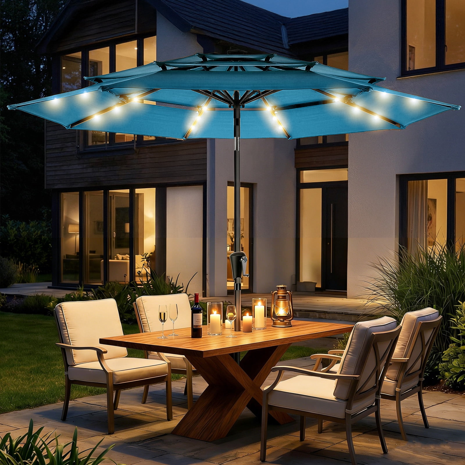 Patbrela 9ft 3-Tier Solar Patio Umbrella with LED Lights, Tilt Adjustment Outdoor Umbrella, Market Sun Shade for Beach, Backyard, Deck, Poolside, Blue