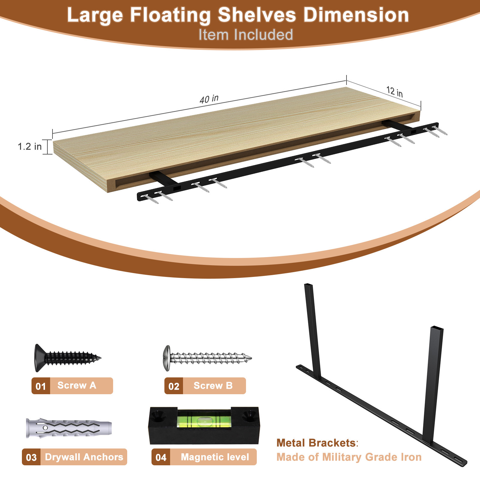 Dumekko 12 Inch Deep Floating Shelves for Wall, 40" W x 12" D x 1.2" H 1 Pack Floating Shelves Large Storage Space Wall Mount Shelf for Living Room, Kitchen, Bathroom, Oak