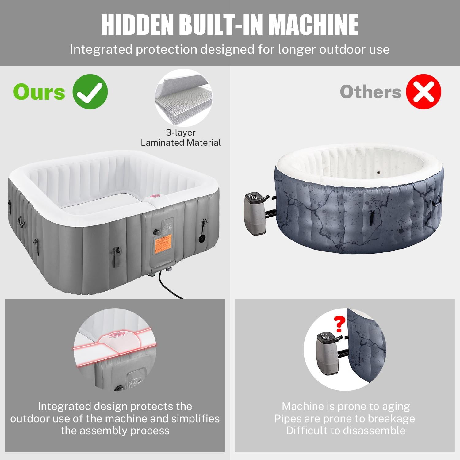 73in Square Hot Tub for 4-6 Person, Seizeen Inflatable Hot Tub Home SPA for Outdoor, 910L Capacity, 130pcs Massage Jets, w/4 Filters, Lockable Cover, Storage Bag, 2 Cup Holder, Gray