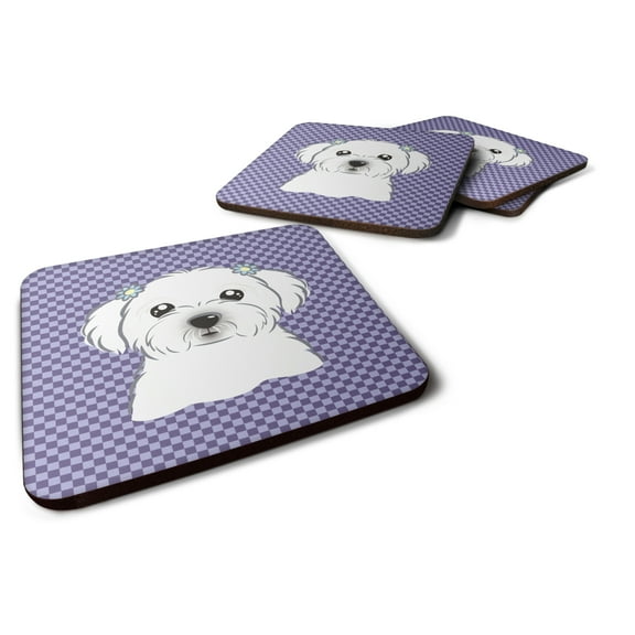 Purple Checkered Maltese Foam Coaster Set of 4