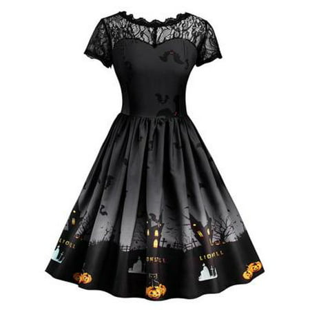 Fancyleo Women Vintage Halloween Dress Short Sleeve Lace Dress A Line Pumpkin Swing Dress Losse Mini Dresses Black XL