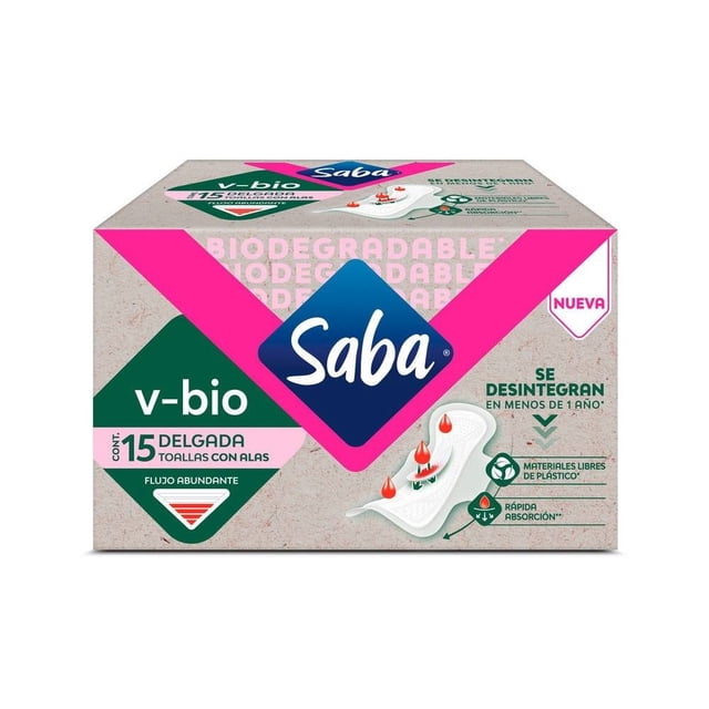 Toallas femeninas Saba v-bio delgada con alas flujo abundante 15 pzas