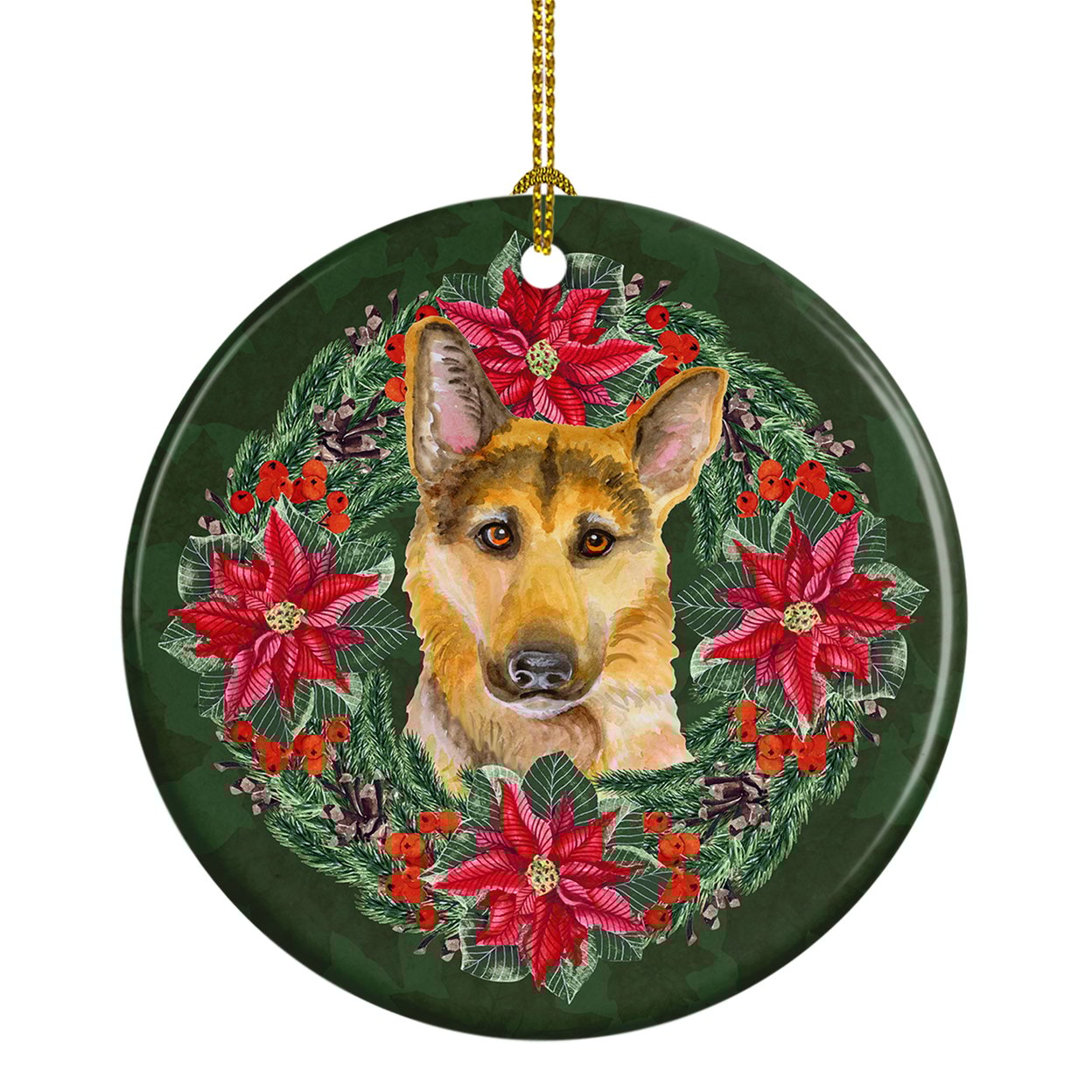 German Shepherd #2 Poinsetta Wreath Ceramic Ornament 2.8 in x 2.8 in