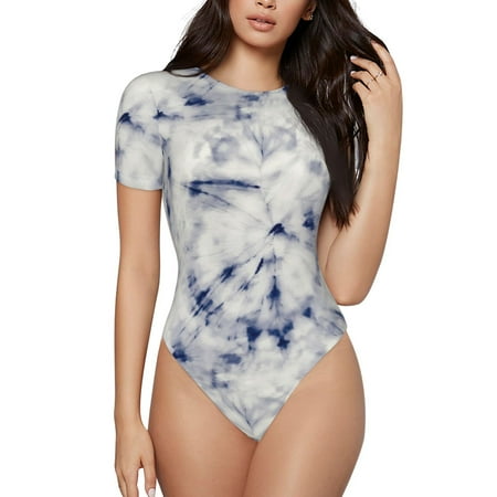 Gaeub Indigo Tie Dye Print Women s Short Sleeve One Piece Swimsuit Sexy High-Waisted Bodysuit Bathing Suit for Swimming  Beach  Sports-XX-Large