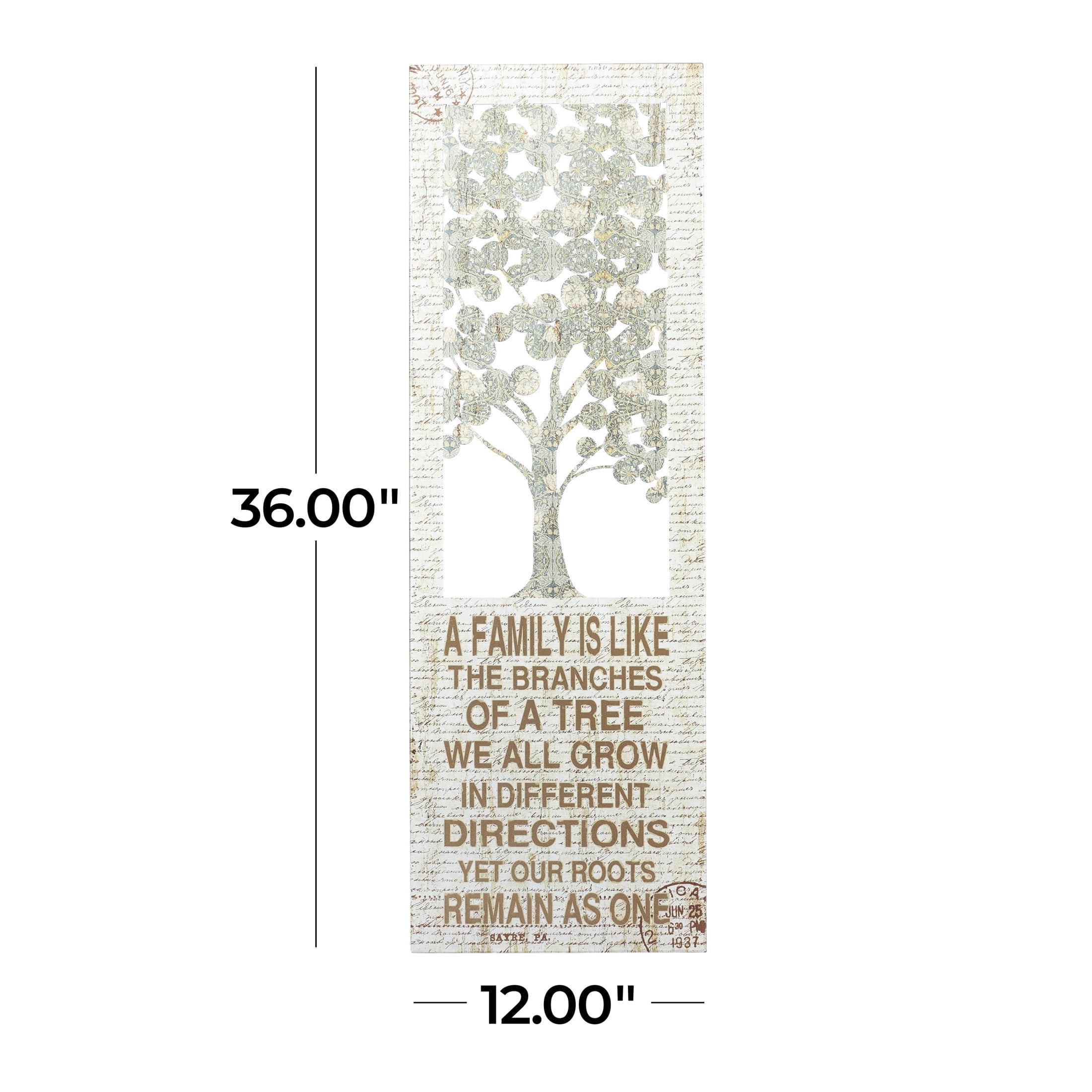 DecMode Farmhouse Wood Tree and Inspirational Quotes Designed Wall Décor with Glossy Beige Finish, 12"W x 36"H