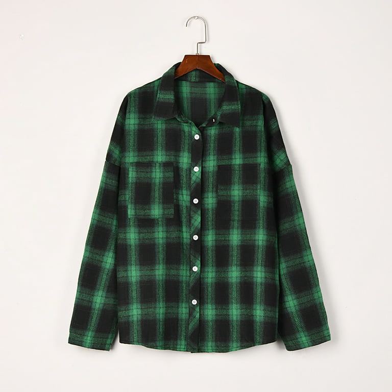 PIMOXV Plaid Shirts for Women Flannel Green Trendy Long Sleeve Plus Size Blouses Button Up Loose Fit Fall Coats with Pockets, Women's, Size: Large