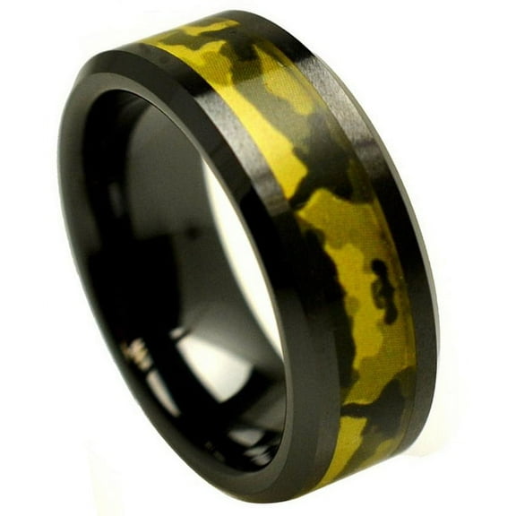 8mm Black Ceramic Beveled Edge Army Green Camouflage Inlay Wedding Band Ring For Men Or Ladies