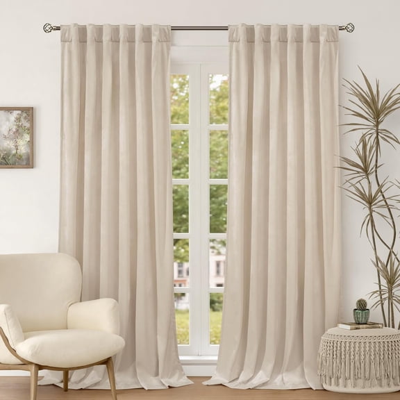 Cream Beige Velvet Curtains 90 Inch for Bedroom, Thick Thermal Insulated Room Darkening Curtains Noise Reduce Back Tab and Rod Pocket Window Panels for Living Room, 2 Panels, 52 x 90 Inch
