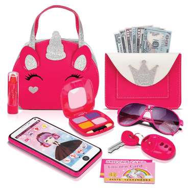 Bundaloo 15-Piece Unicorn Purse Set for Girls, Pretend Play Fashion Handbag Toy with Phone, Wallet, Sunglasses, Makeup, Play Money, Credit Cards and More, Gift for Toddlers and Kids Ages 3 