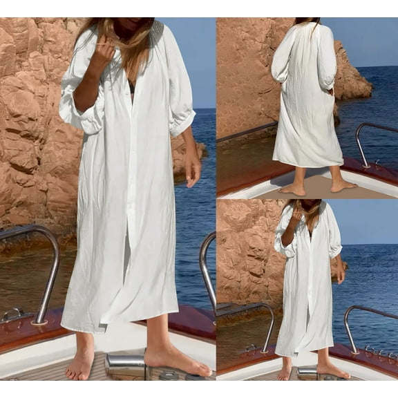 Tqyyweavej Beach Cover Up for Women Plus Size 3/4 Length Sleeve White Dresses V Neck Loose Swimsuit Coverup for Women with Botton