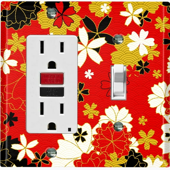 Metal Light Switch Plate Cover Japanese Flower Pattern Red Wallpaper FLW036