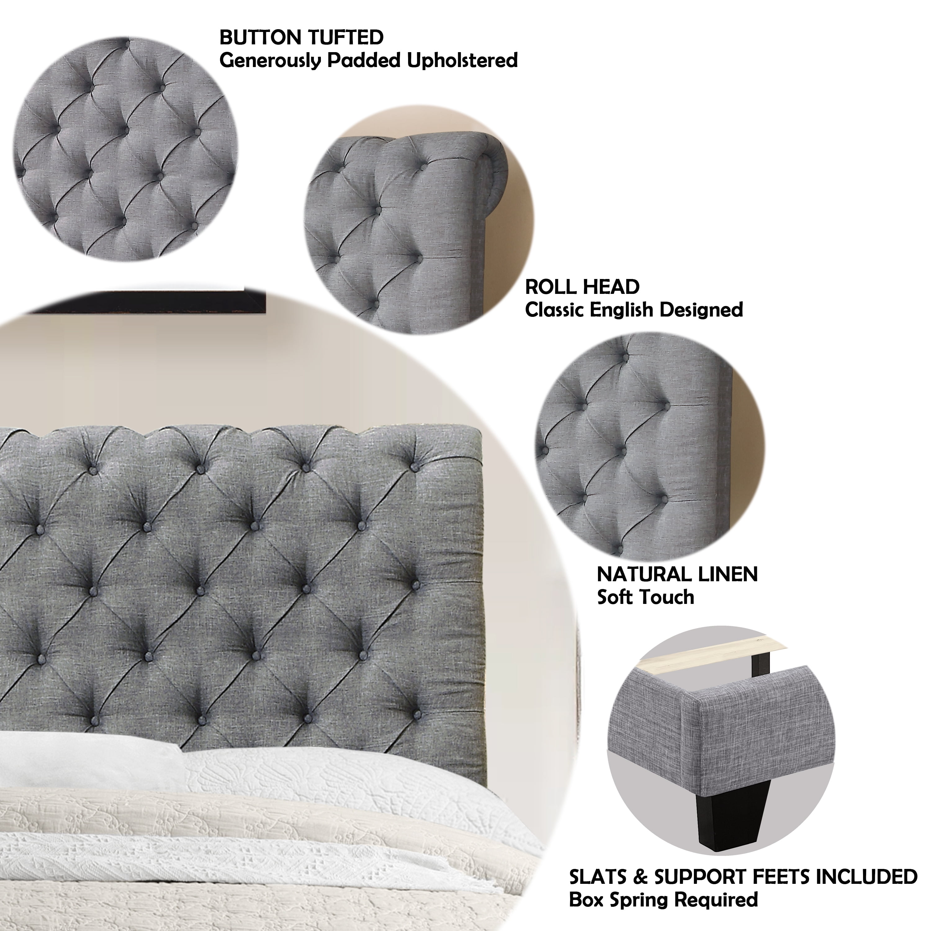 Gewnee Full Size Platform Bed Frame with Upholstered Linen Headboard, Wood Slat Support, Sturdy Construction, Box Spring Required, Grey