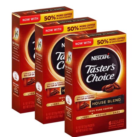 Taster's Choice, House Blend Medium Light Roast Instant Coffee with Smooth Well Balanced Flavor Coffee Taste Convenient & Portable Coffee Sachet for Home Office Travel Picnic Camping 6ct each(3 Boxes)