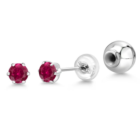 Gem Stone King Platinum Red Created Ruby Stud Earrings for Women Men (0.50 Cttw, Gemstone July Birthstone, Round 4MM)