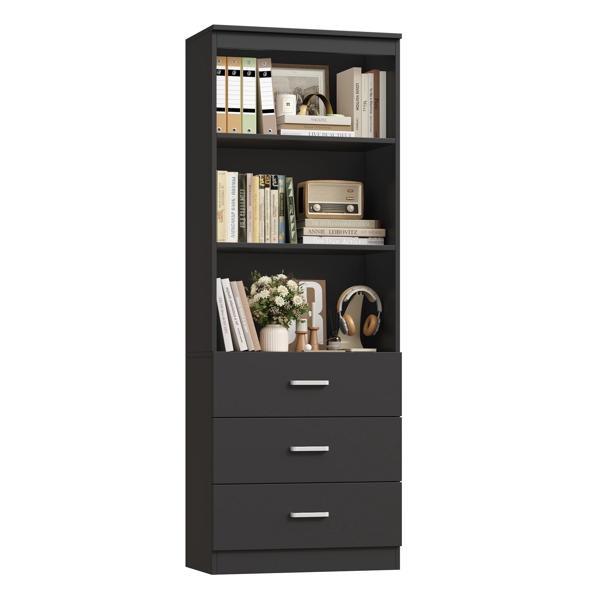 Homfa 2 Set of Black Bookcases with 3 Drawers, 71"H 3 Tier Wooden Storage Bookshelf for Living Room Home Office