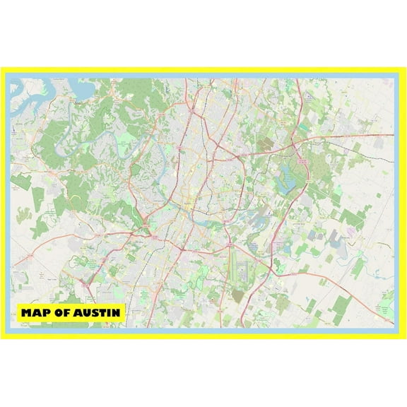 Map of Austin 18x24 with Neighborhoods, Streets, Roads, Highways and Parks - Laminated Wall Map Poster Print - Vivid Imagery with Bright Colors