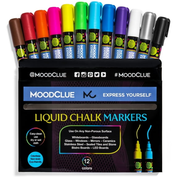 MoodClue Liquid Chalk Markers, 12 Neon Colors, Reversible Tips, Easy-Clean Wet or Dry Erase, Non-Toxic
