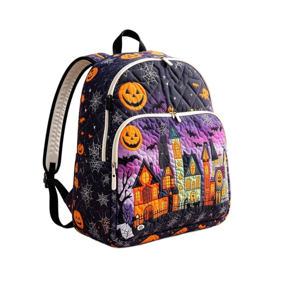 Halloween Quilted Backpack, 15.75×11.81×7.87 Inch Large Capacity Waterproof Daypack, Themed Pattern Bookbag for Women Teens School Travel Daily Use
