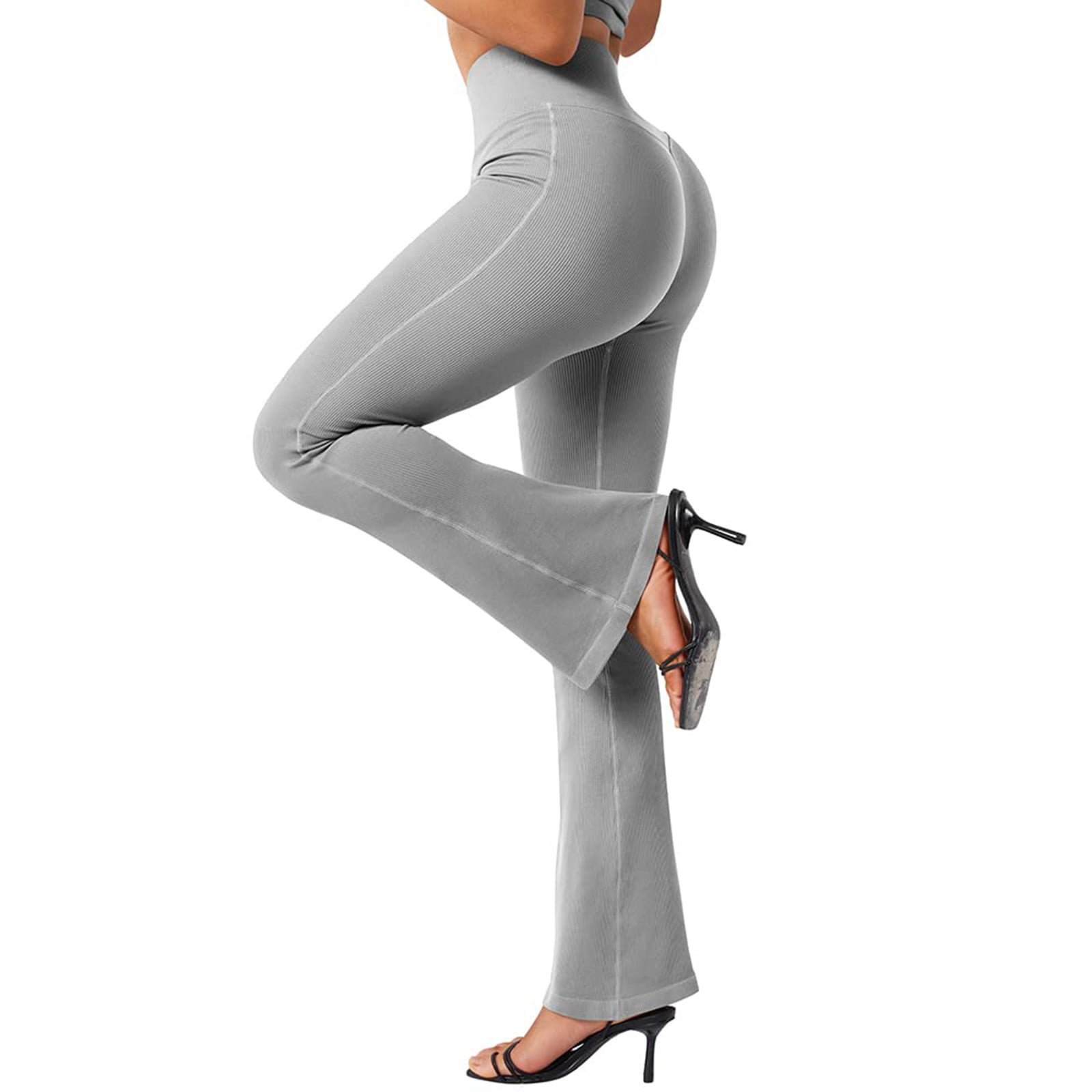 Waist Seamless Ribbed XL Grey Women Casual Flare High Yoga Size Pants HBFAGFB Leggings Bootcut Pants