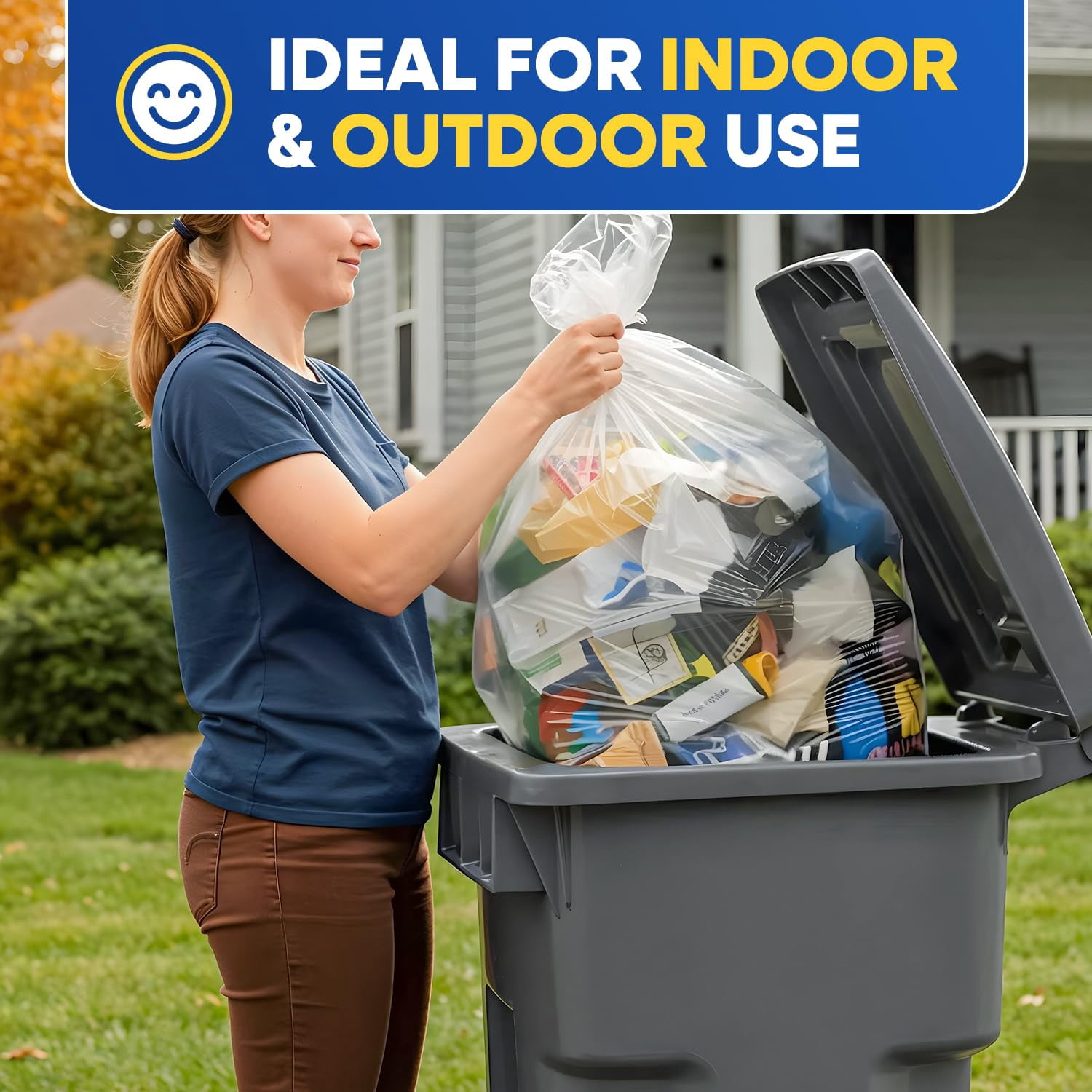 (100 Pack) 55-60 Gallon Trash Bags, 2 Mil, Heavy Duty, Fit Rubbermaid Brute Rollout, Round and Square 32-55 gal Trash Cans, 43" x 47" Large Durable Garbage Trash Can Liners, Bulk (2 Mil Clear)