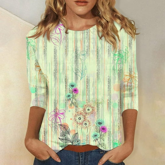 Green Womens Tops 3/4 Length Sleeve Womens Tops Summer 2025 T Shirts Floral Print Crew Neck Casual Basic Tee Fit Tunic Tops Blouse Shirts for Women