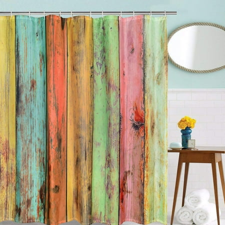 Wendana Vintage Colorful Wallpaper Artwork Painted on Wood Shower Curtain Durable Fabric Bath Curtain Bathroom Accessories Ideas Hooks Included,Bathroom Decoration Original Design,70x60''
