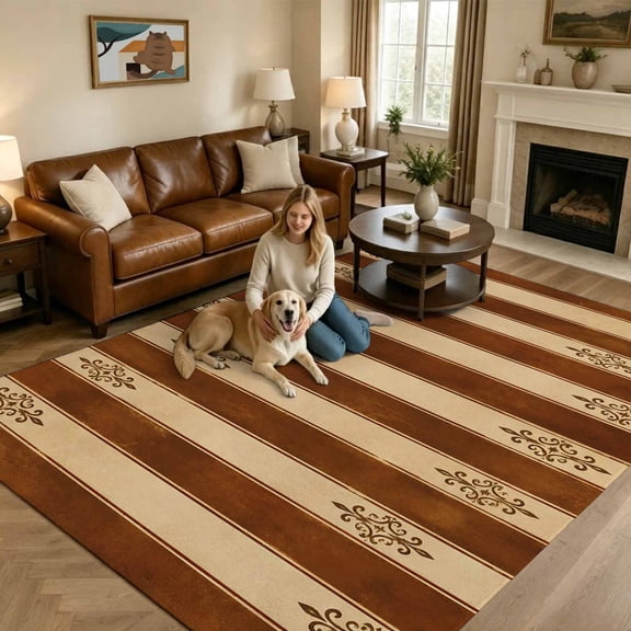Vintage Stripe Washable Area Rug 5x8 Country Floral Texture Red Gold Striped Elegant Low-Profile Large Area Rugs with Non Slip Backing Indoor Floor Carpet for Entrance Living Room Bedroom Home Office