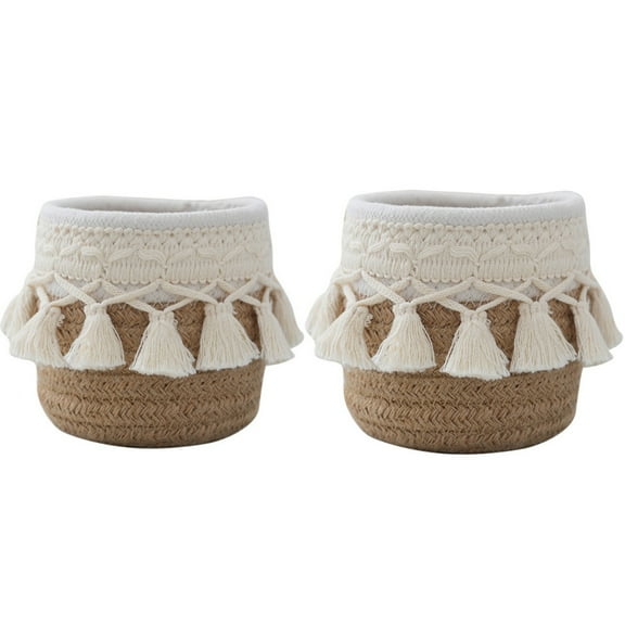2 Pcs Mini Storage Basket, Dingrich Small Cotton Rope Woven Baskets Makeup Brush Holder Organiser, Boho Decor Baskets for Pen Pencil Box Container (10 x 10 cm / 3.94 x 3.94 in)