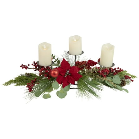 Northlight Poinsettia and Berries Christmas Tripe Pillar Candle Holder - 32"