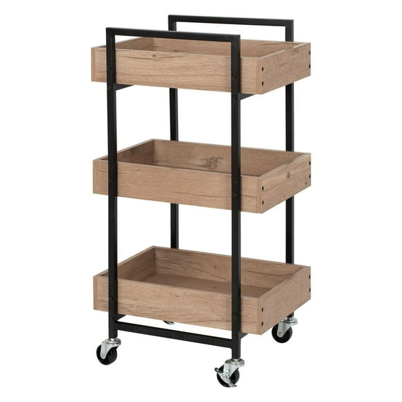 Better Homes & Gardens 3-Tier Wooden & Steel Rolling Utility Cart; Durable Metal Frame; Natural Oak and Black Metal Finish with Locking Casters.