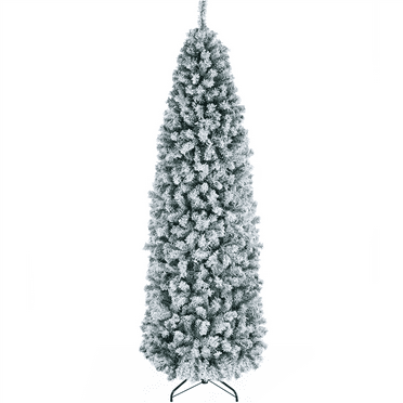 Yaheetech Clear Prelit LED Green Snow Flocked Pencil Hinged Spruce Artificial Christmas Tree, with Foldable Stand 7.5'