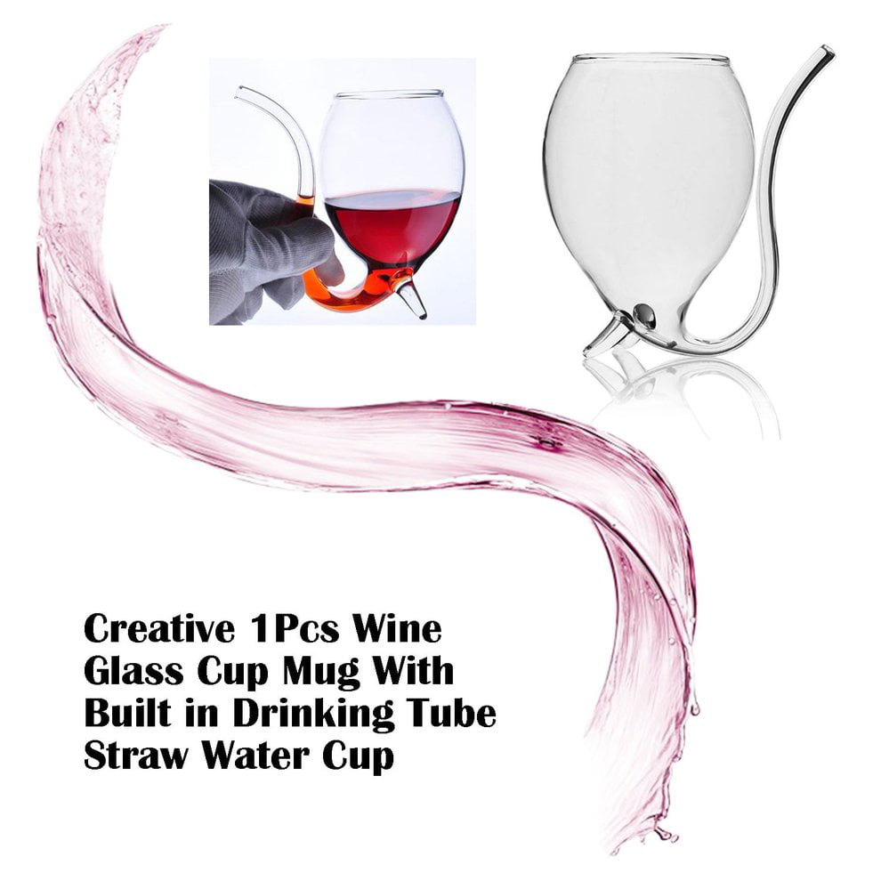 Creative 2Pcs Wine Glass Cup Mug With Built in Drinking Tube Straw Water Cup 